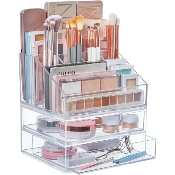 Chloe Stackable Clear Makeup Holder and Double Drawer Cosmetics Organizer Set - Picture 4 of 10